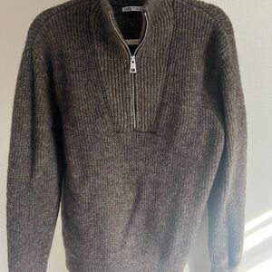 Zara Men’s Brown Ribbed Half-Zip Sweater